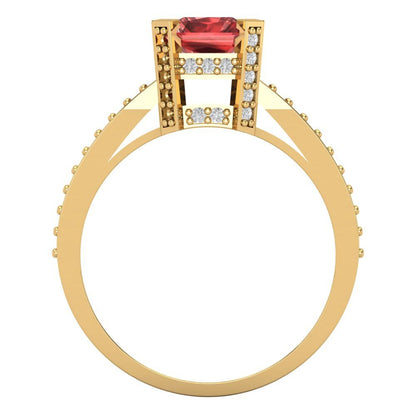 2.45 cttw Natural Garnet Solitaire with Zirconia Simulated Diamond Accents Engagement Ring - Solid Yellow Gold (VVS1, Emerald Cut,8x6mm)