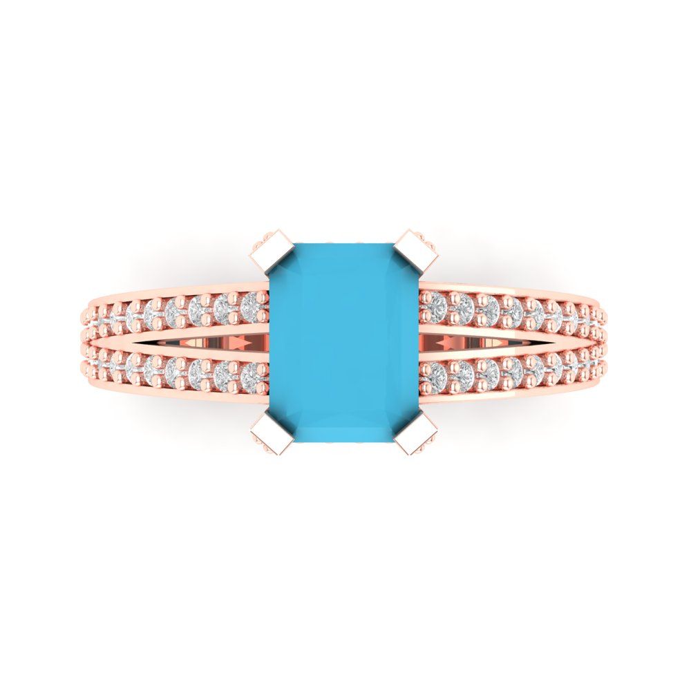 2.45 cttw Simulated Turquoise Solitaire with Zirconia Simulated Diamond Accents Engagement Ring - Solid Rose Gold (VVS1, Emerald Cut,8x6mm)