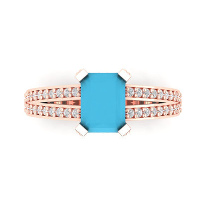 2.45 cttw Simulated Turquoise Solitaire with Zirconia Simulated Diamond Accents Engagement Ring - Solid Rose Gold (VVS1, Emerald Cut,8x6mm)