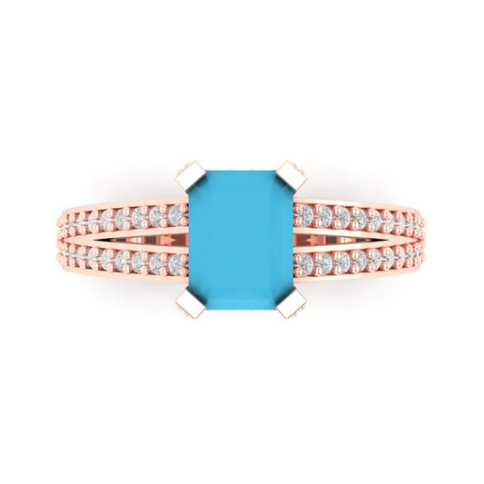 2.45 cttw Simulated Turquoise Solitaire with Zirconia Simulated Diamond Accents Engagement Ring - Solid Rose Gold (VVS1, Emerald Cut,8x6mm)