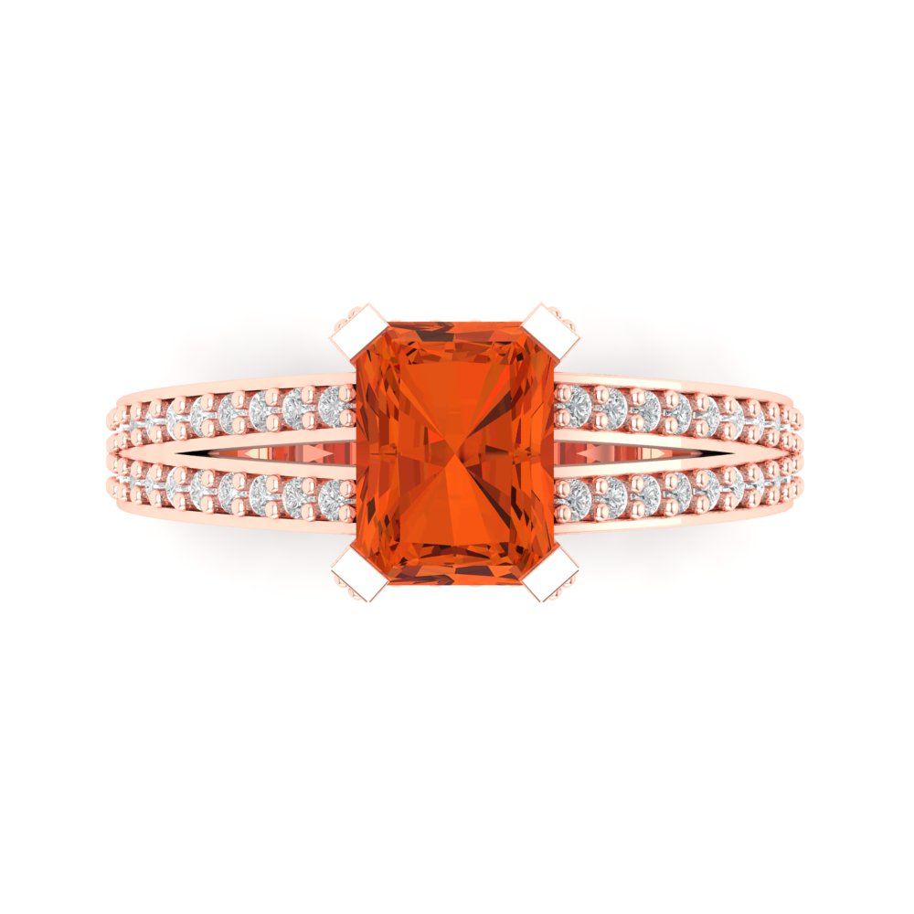 2.45 cttw Zirconia Simulated Red Diamond Solitaire with Zirconia Simulated Diamond Accents Engagement Ring - Solid Rose Gold (VVS1, Emerald Cut,8x6mm)