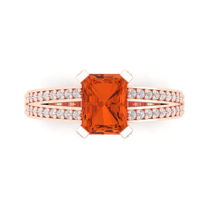 2.45 cttw Zirconia Simulated Red Diamond Solitaire with Zirconia Simulated Diamond Accents Engagement Ring - Solid Rose Gold (VVS1, Emerald Cut,8x6mm)