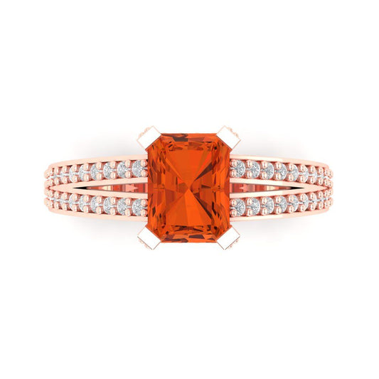 2.45 cttw Zirconia Simulated Red Diamond Solitaire with Zirconia Simulated Diamond Accents Engagement Ring - Solid Rose Gold (VVS1, Emerald Cut,8x6mm)