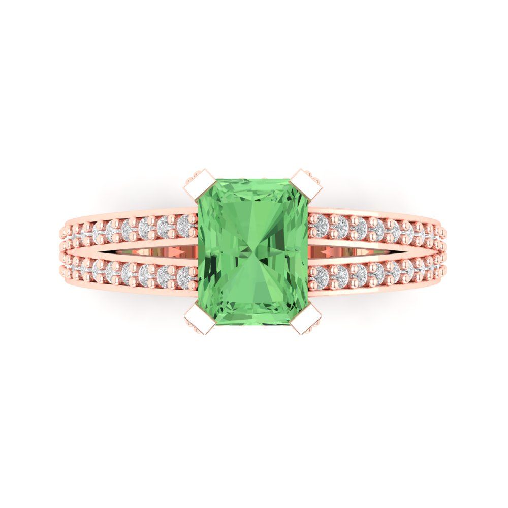 2.45 cttw Zirconia Simulated Green Diamond Solitaire with Zirconia Simulated Diamond Accents Engagement Ring - Solid Rose Gold (VVS1, Emerald Cut,8x6mm)