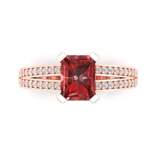 2.45 cttw Natural Garnet Solitaire with Zirconia Simulated Diamond Accents Engagement Ring - Solid Rose Gold (VVS1, Emerald Cut,8x6mm)