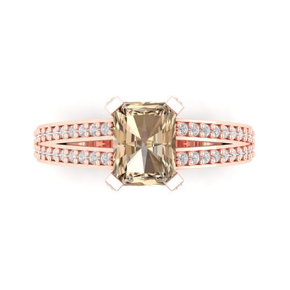 2.45 cttw Yellow Moissanite Solitaire with Zirconia Simulated Diamond Accents Engagement Ring - Solid Rose Gold (VVS1, Emerald Cut,8x6mm)