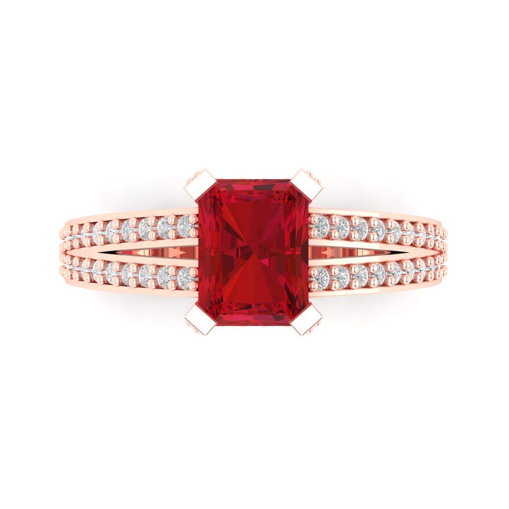2.45 cttw Simulated Ruby Solitaire with Zirconia Simulated Diamond Accents Engagement Ring - Solid Rose Gold (VVS1, Emerald Cut,8x6mm)