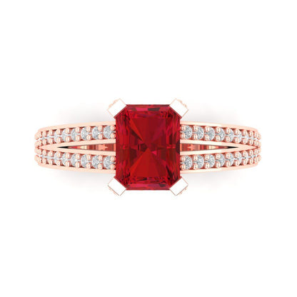 2.45 cttw Simulated Ruby Solitaire with Zirconia Simulated Diamond Accents Engagement Ring - Solid Rose Gold (VVS1, Emerald Cut,8x6mm)