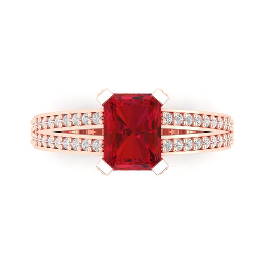 2.45 cttw Simulated Ruby Solitaire with Zirconia Simulated Diamond Accents Engagement Ring - Solid Rose Gold (VVS1, Emerald Cut,8x6mm)