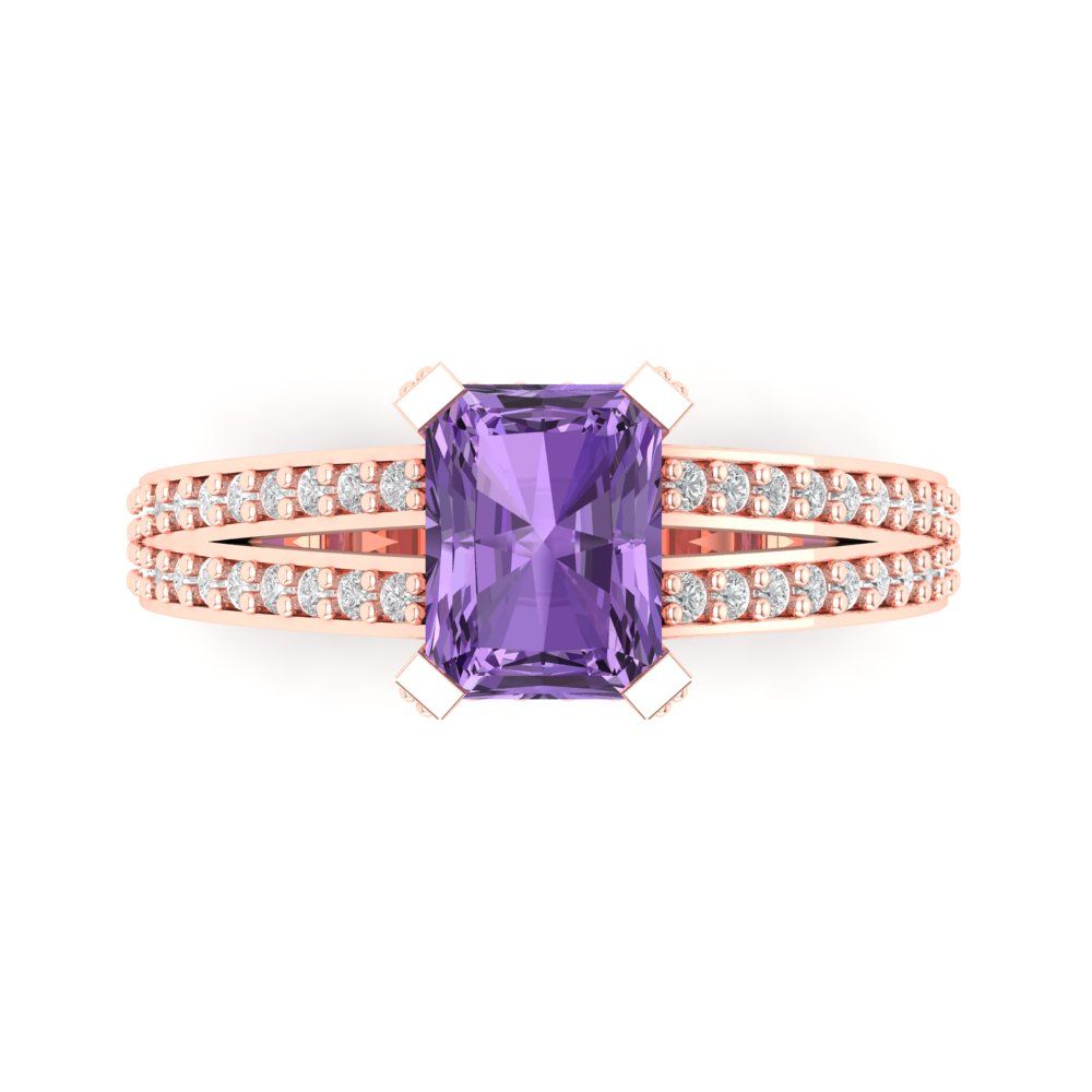 2.45 cttw Simulated Alexandrite Solitaire with Zirconia Simulated Diamond Accents Engagement Ring - Solid Gold (Emerald Cut,8x6mm)