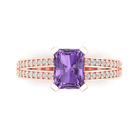 2.45 cttw Simulated Alexandrite Solitaire with Zirconia Simulated Diamond Accents Engagement Ring - Solid Rose Gold (VVS1, Emerald Cut,8x6mm)