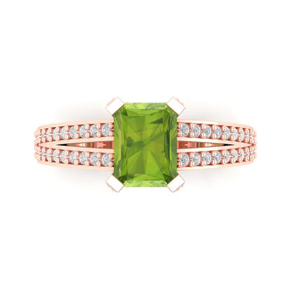2.45 cttw Natural Peridot Solitaire with Zirconia Simulated Diamond Accents Engagement Ring - Solid Rose Gold (VVS1, Emerald Cut,8x6mm)