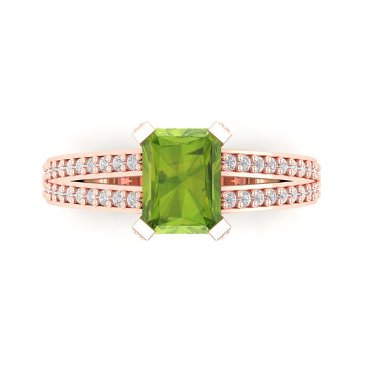 2.45 cttw Natural Peridot Solitaire with Zirconia Simulated Diamond Accents Engagement Ring - Solid Rose Gold (VVS1, Emerald Cut,8x6mm)