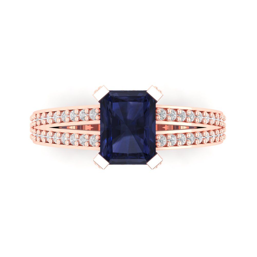 2.45 cttw Simulated Blue Sapphire Solitaire with Zirconia Simulated Diamond Accents Engagement Ring - Solid Rose Gold (VVS1, Emerald Cut,8x6mm)
