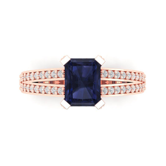 2.45 cttw Simulated Blue Sapphire Solitaire with Zirconia Simulated Diamond Accents Engagement Ring - Solid Rose Gold (VVS1, Emerald Cut,8x6mm)