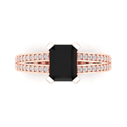 2.45 cttw Natural Onyx Solitaire with Zirconia Simulated Diamond Accents Engagement Ring - Solid Rose Gold (VVS1, Emerald Cut,8x6mm)