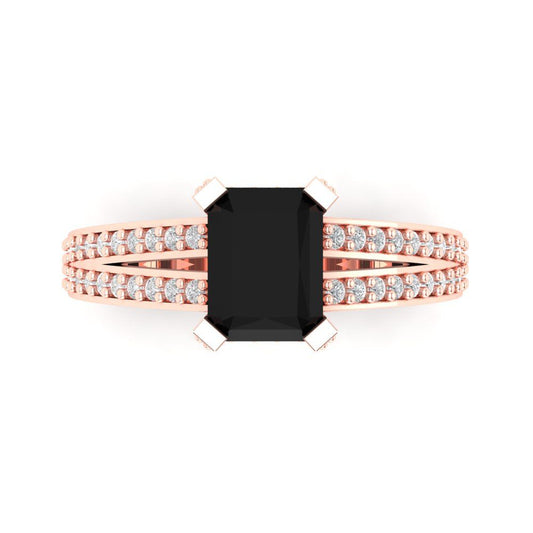 2.45 cttw Natural Onyx Solitaire with Zirconia Simulated Diamond Accents Engagement Ring - Solid Rose Gold (VVS1, Emerald Cut,8x6mm)