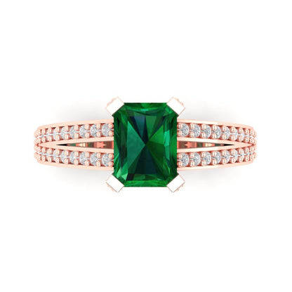 2.45 cttw Simulated Emerald Solitaire with Zirconia Simulated Diamond Accents Engagement Ring - Solid Gold (Emerald Cut,8x6mm)