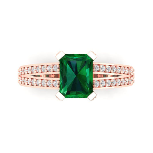 2.45 cttw Simulated Emerald Solitaire with Zirconia Simulated Diamond Accents Engagement Ring - Solid Rose Gold (VVS1, Emerald Cut,8x6mm)
