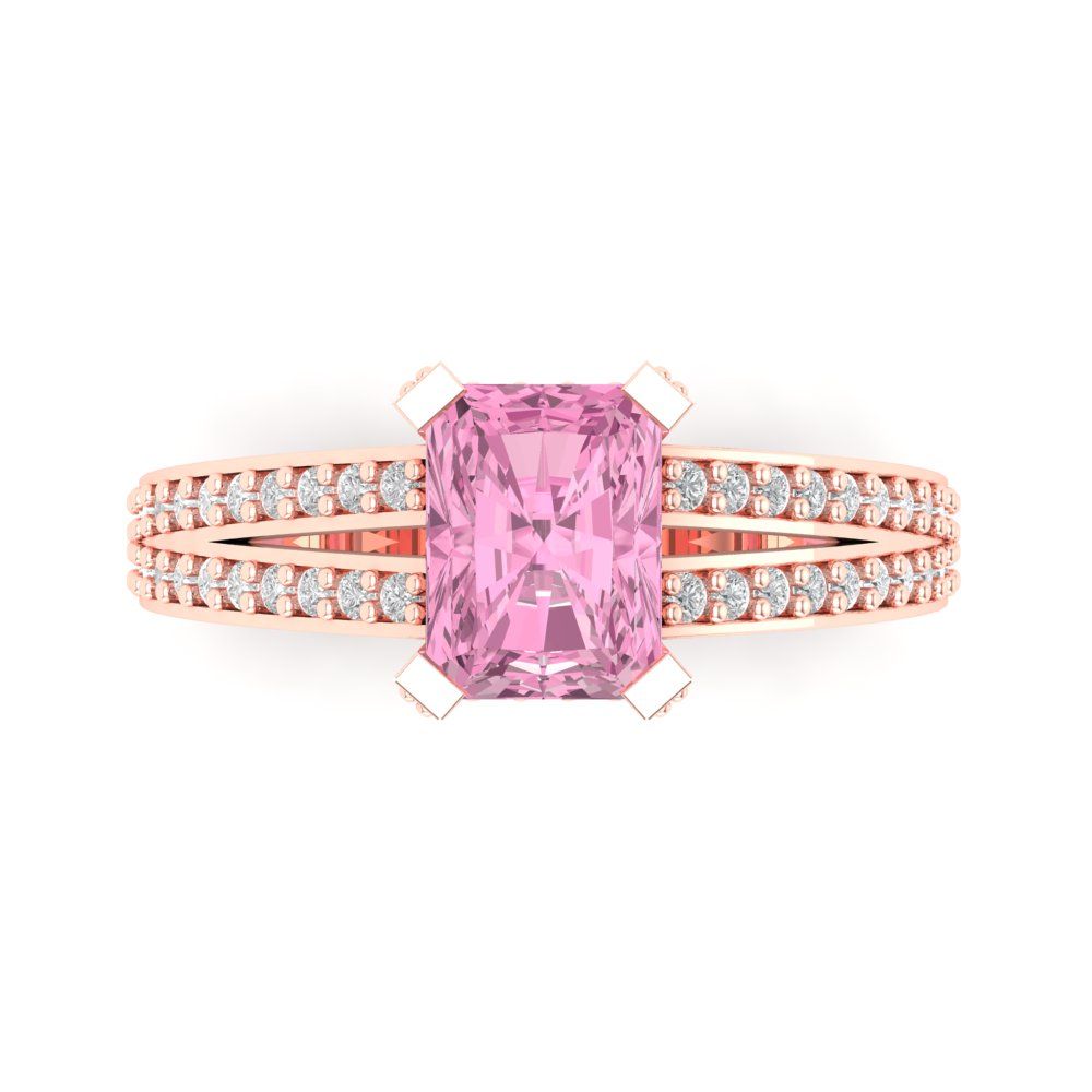 2.45 cttw Zirconia Simulated Pink Diamond Solitaire with Zirconia Simulated Diamond Accents Engagement Ring - Solid Gold (VVS1, Emerald Cut,8x6mm)