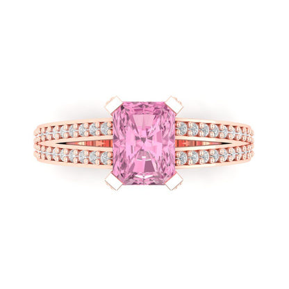2.45 cttw Zirconia Simulated Pink Diamond Solitaire with Zirconia Simulated Diamond Accents Engagement Ring - Solid Gold (VVS1, Emerald Cut,8x6mm)