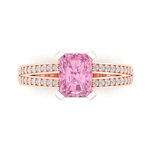 2.45 cttw Zirconia Simulated Pink Diamond Solitaire with Zirconia Simulated Diamond Accents Engagement Ring - Solid Rose Gold (VVS1, Emerald Cut,8x6mm)
