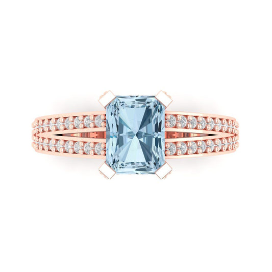 2.45 cttw Natural Swiss Blue Topaz Solitaire with Zirconia Simulated Diamond Accents Engagement Ring - Solid Rose Gold (VVS1, Emerald Cut,8x6mm)
