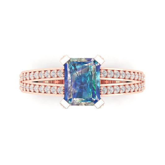 2.45 cttw Blue Moissanite Solitaire with Zirconia Simulated Diamond Accents Engagement Ring - Solid Rose Gold (VVS1, Emerald Cut,8x6mm)