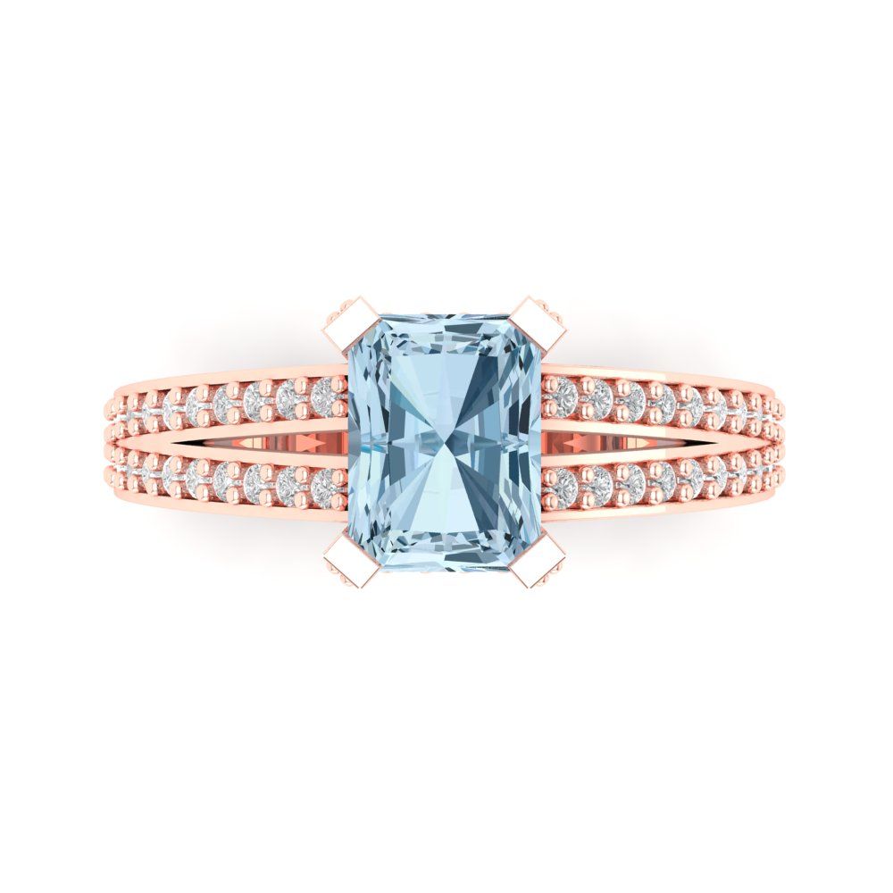 2.45 cttw Zirconia Simulated Blue Diamond Solitaire with Zirconia Simulated Diamond Accents Engagement Ring - Solid Rose Gold (VVS1, Emerald Cut,8x6mm)