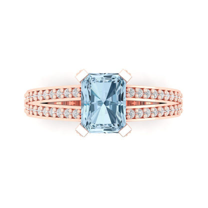 2.45 cttw Zirconia Simulated Blue Diamond Solitaire with Zirconia Simulated Diamond Accents Engagement Ring - Solid Rose Gold (VVS1, Emerald Cut,8x6mm)