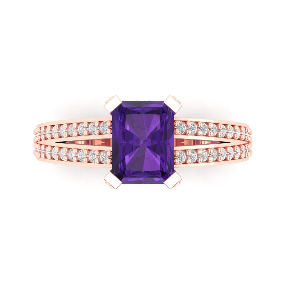 2.45 cttw Natural Amethyst Solitaire with Zirconia Simulated Diamond Accents Engagement Ring - Solid Gold (Emerald Cut,8x6mm)
