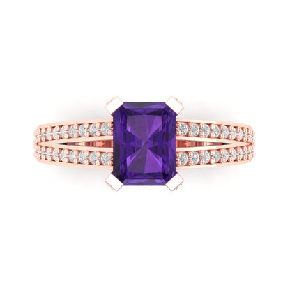 2.45 cttw Natural Amethyst Solitaire with Zirconia Simulated Diamond Accents Engagement Ring - Solid Gold (Emerald Cut,8x6mm)