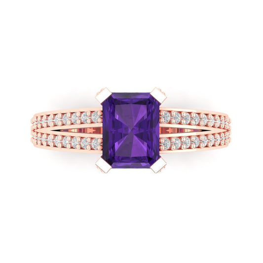 2.45 cttw Natural Amethyst Solitaire with Zirconia Simulated Diamond Accents Engagement Ring - Solid Rose Gold (VVS1, Emerald Cut,8x6mm)