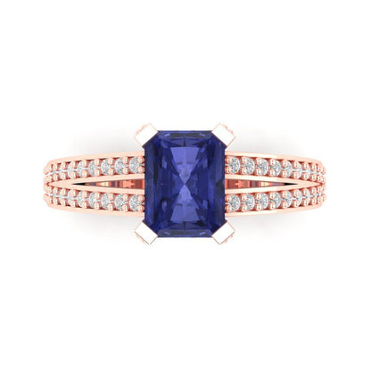 2.45 cttw Simulated Tanzanite Solitaire with Zirconia Simulated Diamond Accents Engagement Ring - Solid Gold (Emerald Cut,8x6mm)