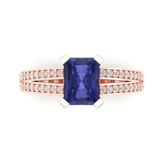 2.45 cttw Simulated Tanzanite Solitaire with Zirconia Simulated Diamond Accents Engagement Ring - Solid Rose Gold (VVS1, Emerald Cut,8x6mm)