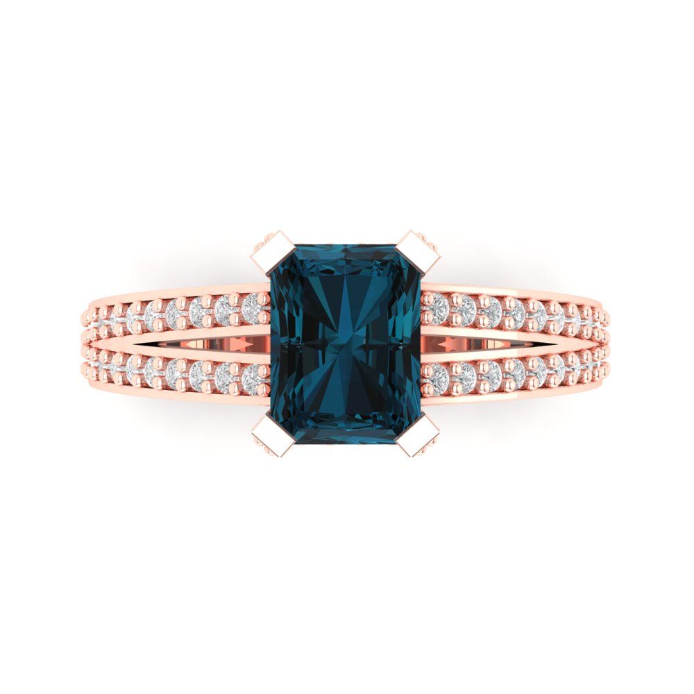 2.45 cttw Natural London Blue Topaz Solitaire with Zirconia Simulated Diamond Accents Engagement Ring - Solid Gold (Emerald Cut,8x6mm)