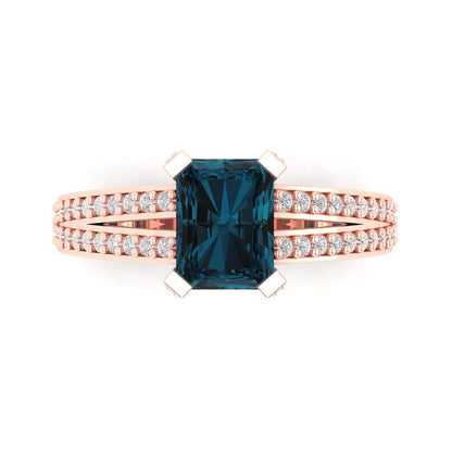 2.45 cttw Natural London Blue Topaz Solitaire with Zirconia Simulated Diamond Accents Engagement Ring - Solid Gold (Emerald Cut,8x6mm)