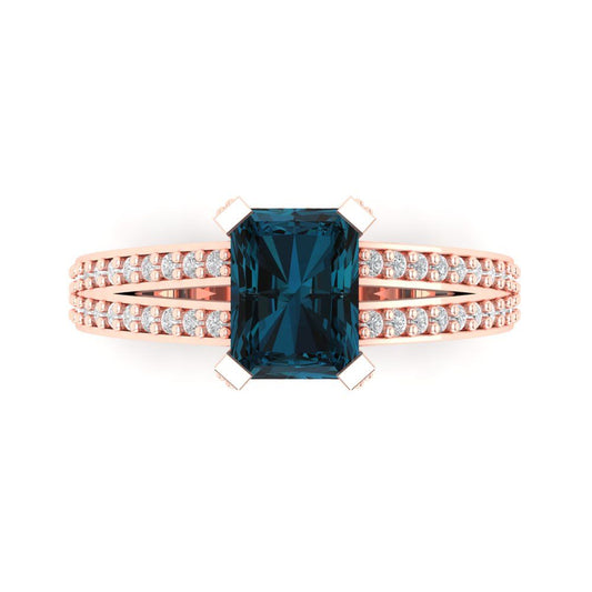 2.45 cttw Natural London Blue Topaz Solitaire with Zirconia Simulated Diamond Accents Engagement Ring - Solid Rose Gold (VVS1, Emerald Cut,8x6mm)