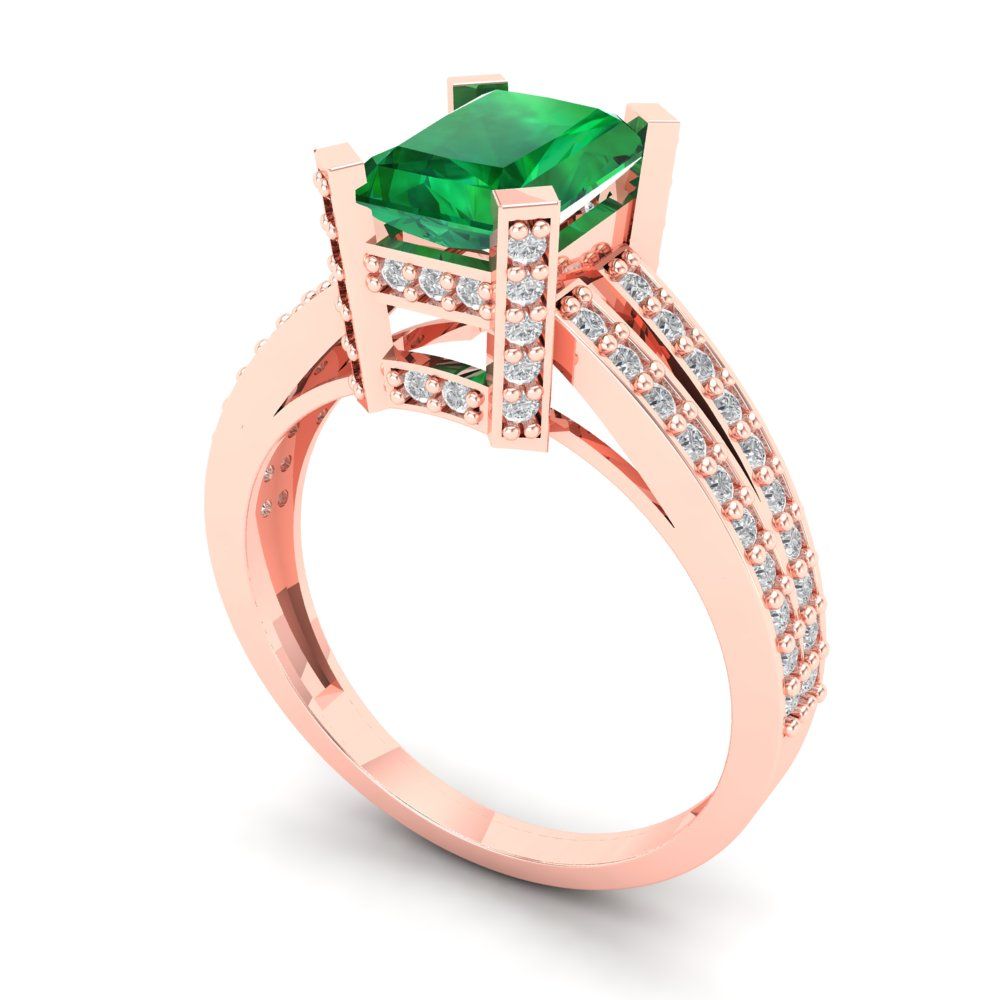 2.45 cttw Simulated Emerald Solitaire with Zirconia Simulated Diamond Accents Engagement Ring - Solid Gold (Emerald Cut,8x6mm)