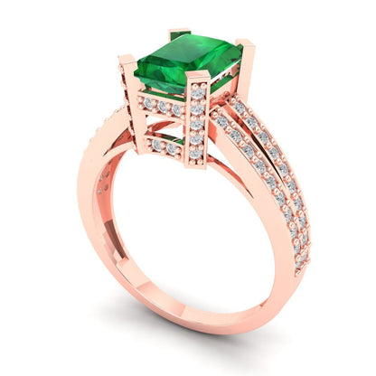 2.45 cttw Simulated Emerald Solitaire with Zirconia Simulated Diamond Accents Engagement Ring - Solid Gold (Emerald Cut,8x6mm)