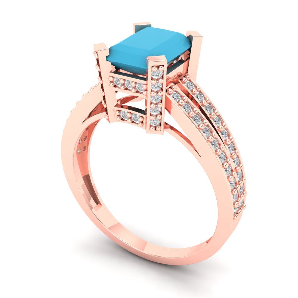 2.45 cttw Simulated Turquoise Solitaire with Zirconia Simulated Diamond Accents Engagement Ring - Solid Rose Gold (VVS1, Emerald Cut,8x6mm)