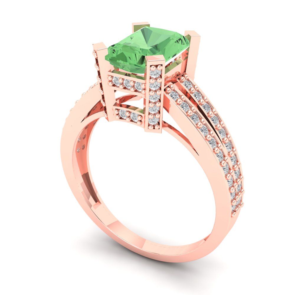 2.45 cttw Zirconia Simulated Green Diamond Solitaire with Zirconia Simulated Diamond Accents Engagement Ring - Solid Rose Gold (VVS1, Emerald Cut,8x6mm)