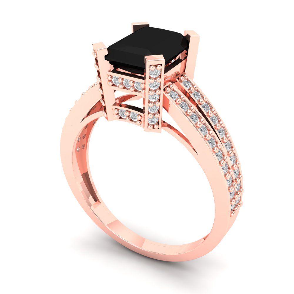 2.45 cttw Natural Onyx Solitaire with Zirconia Simulated Diamond Accents Engagement Ring - Solid Rose Gold (VVS1, Emerald Cut,8x6mm)