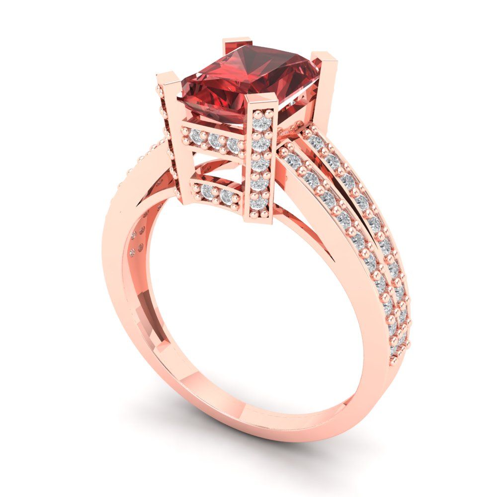 2.45 cttw Natural Garnet Solitaire with Zirconia Simulated Diamond Accents Engagement Ring - Solid Gold (Emerald Cut,8x6mm)
