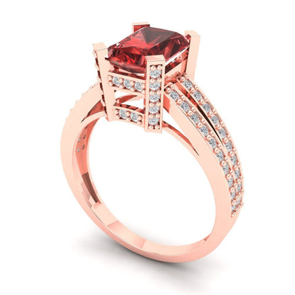 2.45 cttw Natural Garnet Solitaire with Zirconia Simulated Diamond Accents Engagement Ring - Solid Gold (Emerald Cut,8x6mm)