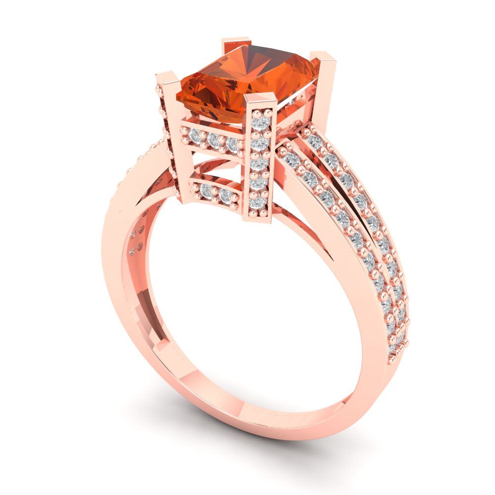 2.45 cttw Zirconia Simulated Red Diamond Solitaire with Zirconia Simulated Diamond Accents Engagement Ring - Solid Rose Gold (VVS1, Emerald Cut,8x6mm)