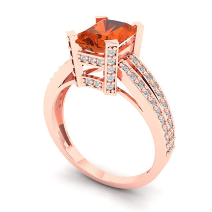 2.45 cttw Zirconia Simulated Red Diamond Solitaire with Zirconia Simulated Diamond Accents Engagement Ring - Solid Rose Gold (VVS1, Emerald Cut,8x6mm)