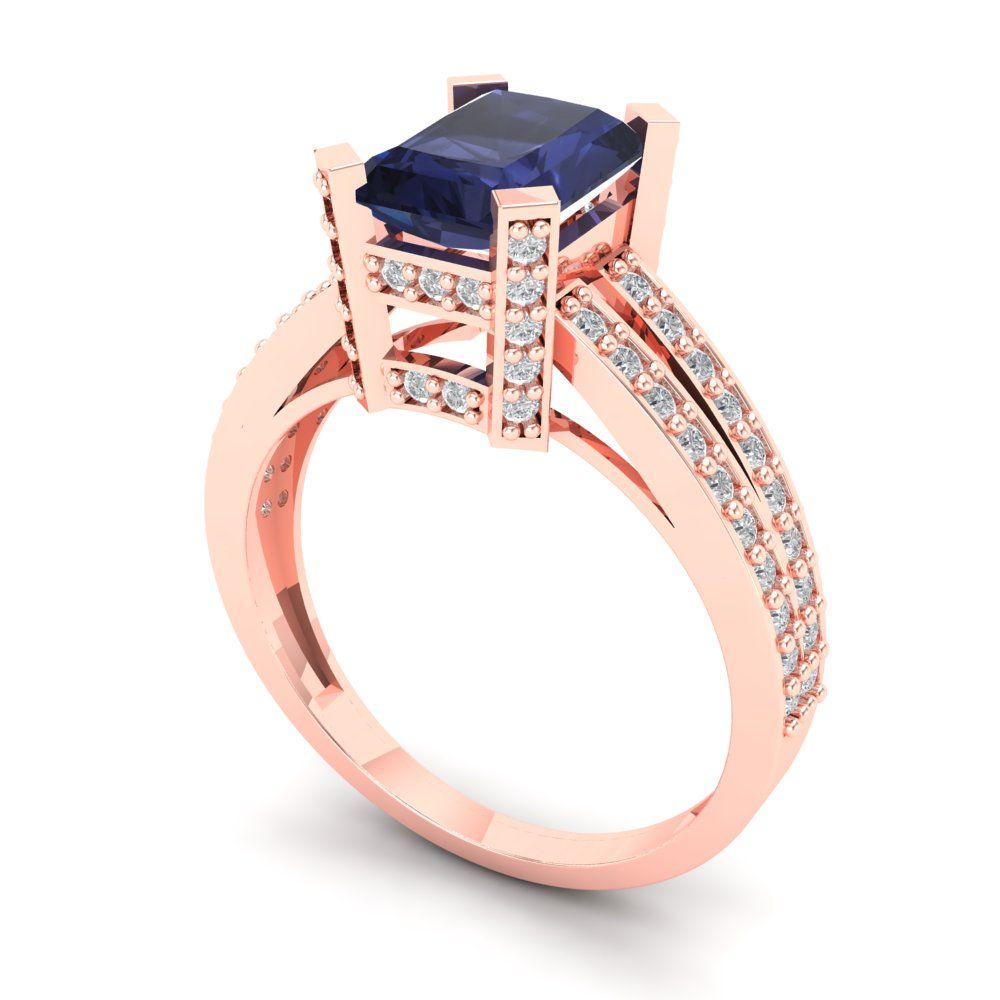 2.45 cttw Simulated Blue Sapphire Solitaire with Zirconia Simulated Diamond Accents Engagement Ring - Solid Rose Gold (VVS1, Emerald Cut,8x6mm)