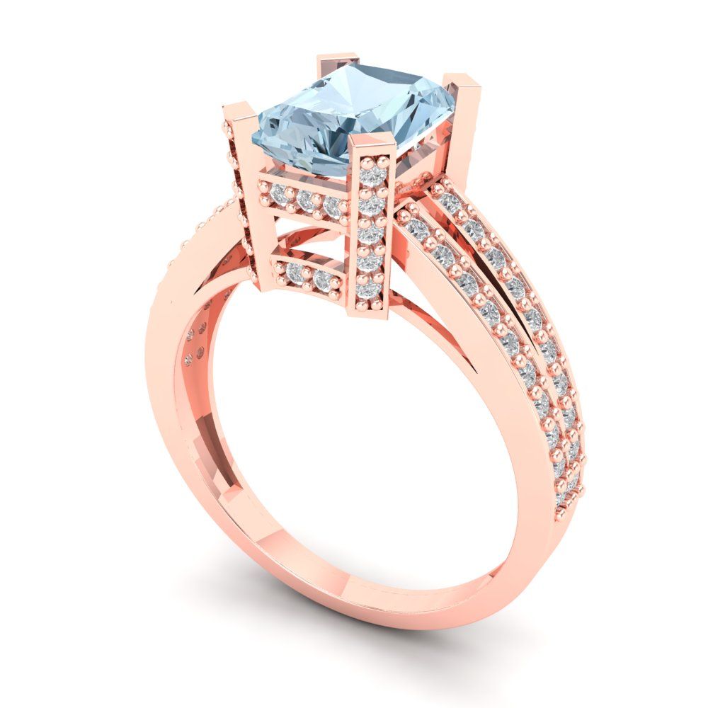 2.45 cttw Zirconia Simulated Blue Diamond Solitaire with Zirconia Simulated Diamond Accents Engagement Ring - Solid Rose Gold (VVS1, Emerald Cut,8x6mm)
