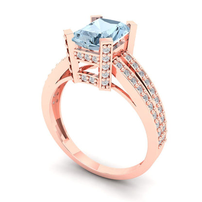 2.45 cttw Zirconia Simulated Blue Diamond Solitaire with Zirconia Simulated Diamond Accents Engagement Ring - Solid Rose Gold (VVS1, Emerald Cut,8x6mm)